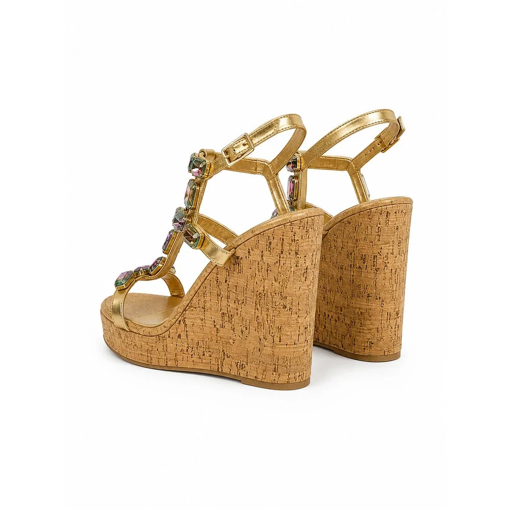 NIB Summer Time Colorful Jeweled Cork Wedge High Heel Sandals